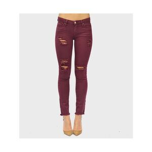 IRO.JEANS Womens Burgundy Distressed Zippered Unfinished Hem Skinny Jeans 24